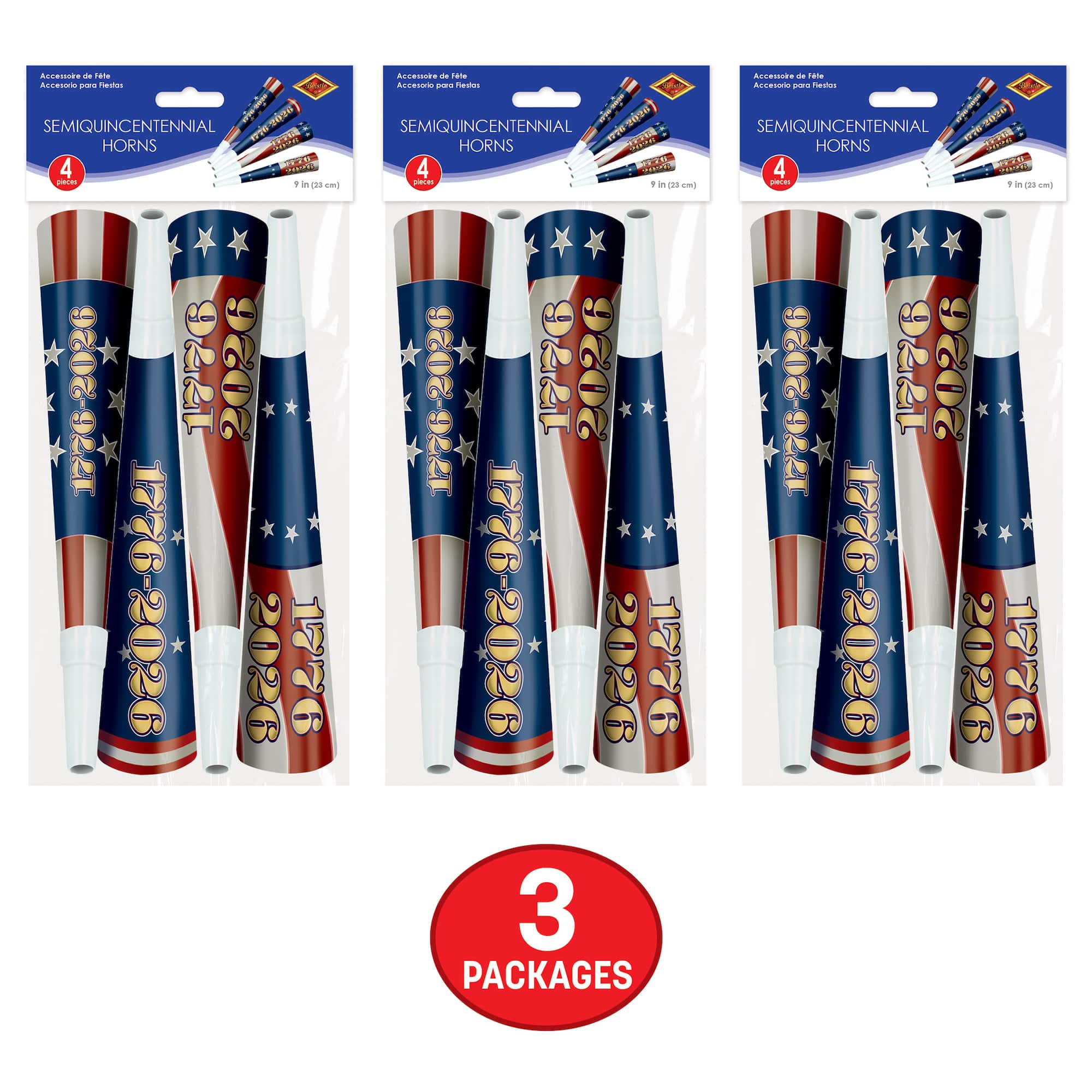 Beistle 9" Semiquincentennial Horns, 3 Packs of 4